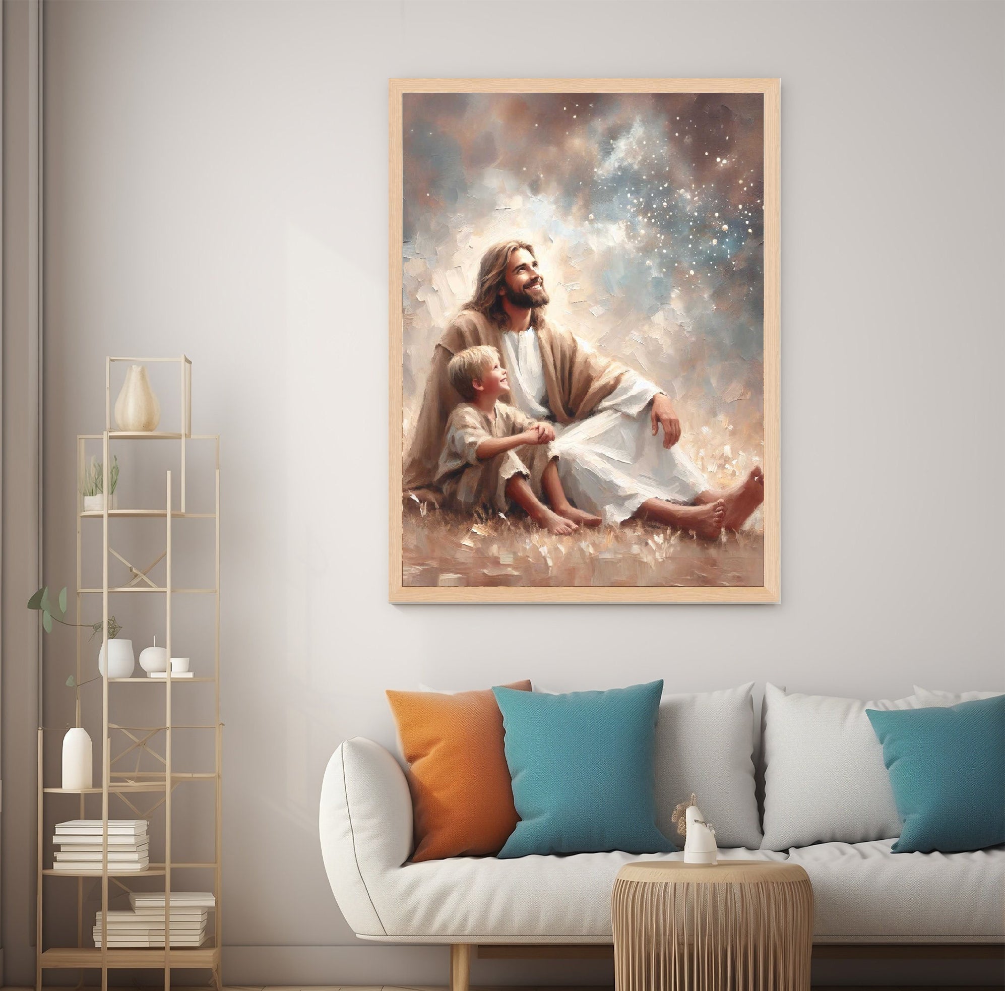 Magic in the Sky Poster, Jesus and Boy Poster, Christian Art for Kids, Jesus with Children Art, Bible Art Poster